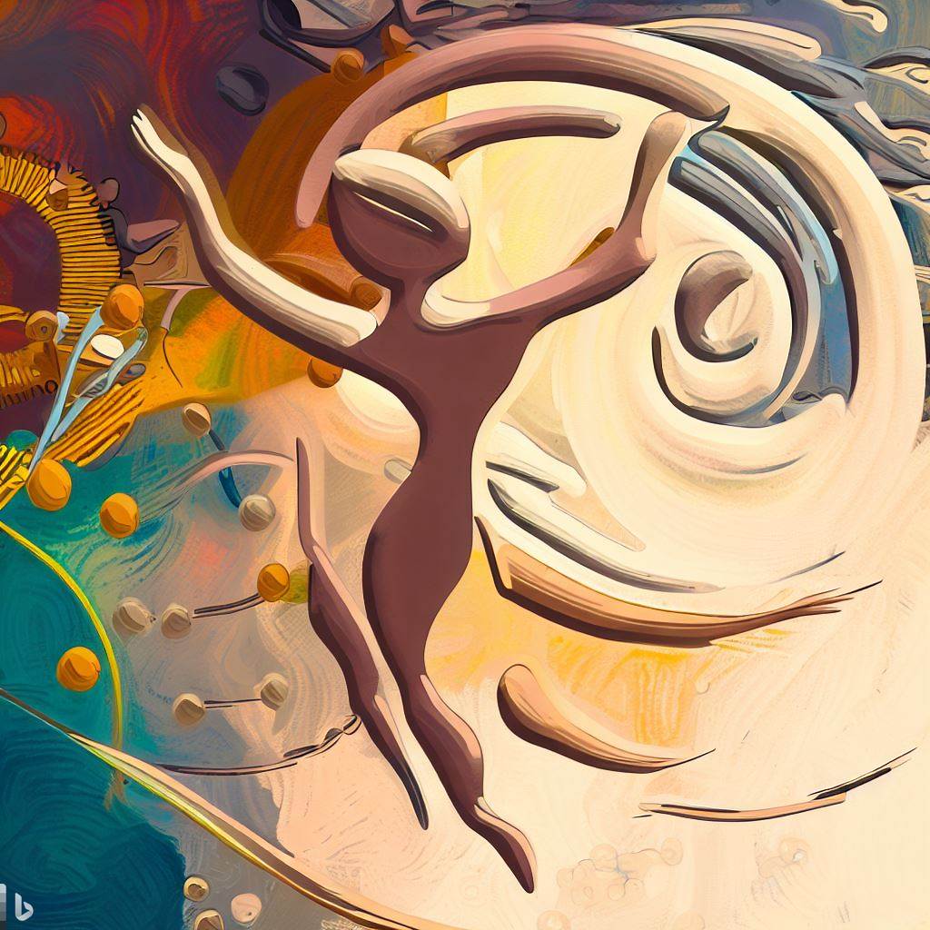 Uma ilustração de uma pessoa dançando com movimentos complexos e graciosos, representando os 'Movimentos Sagrados' de Gurdjieff. Ao redor da figura dançante, imagens abstratas e coloridas simbolizam a imaginação que transcende a consciência comum