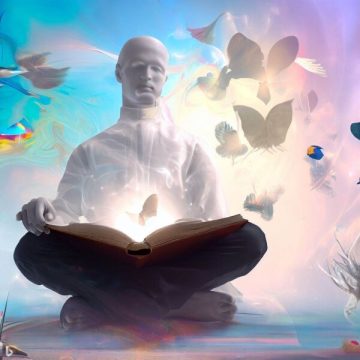 Uma representação artística de G.I. Gurdjieff, sentado em um ambiente tranquilo, com um livro aberto em suas mãos. Ao seu redor, imagens etéreas e simbólicas flutuam, representando a imaginação criativa em ação