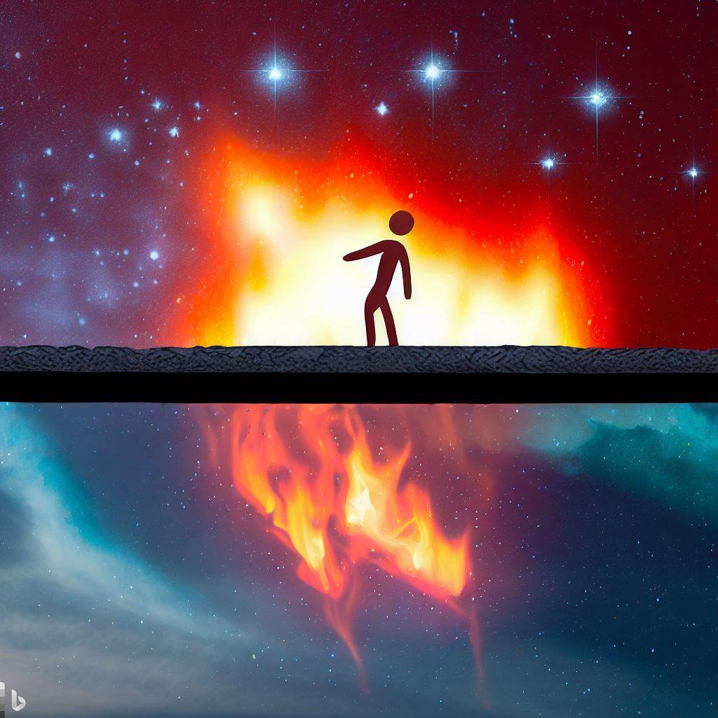 Uma imagem de um céu estrelado acima e um inferno ardente abaixo, divididos por uma linha fina. No meio, uma figura humana equilibra-se na linha, simbolizando a escolha entre usar a imaginação para criar um 'céu' ou um 'inferno'