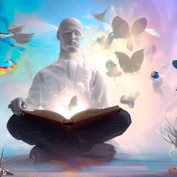 Uma representação artística de G.I. Gurdjieff, sentado em um ambiente tranquilo, com um livro aberto em suas mãos. Ao seu redor, imagens etéreas e simbólicas flutuam, representando a imaginação criativa em ação